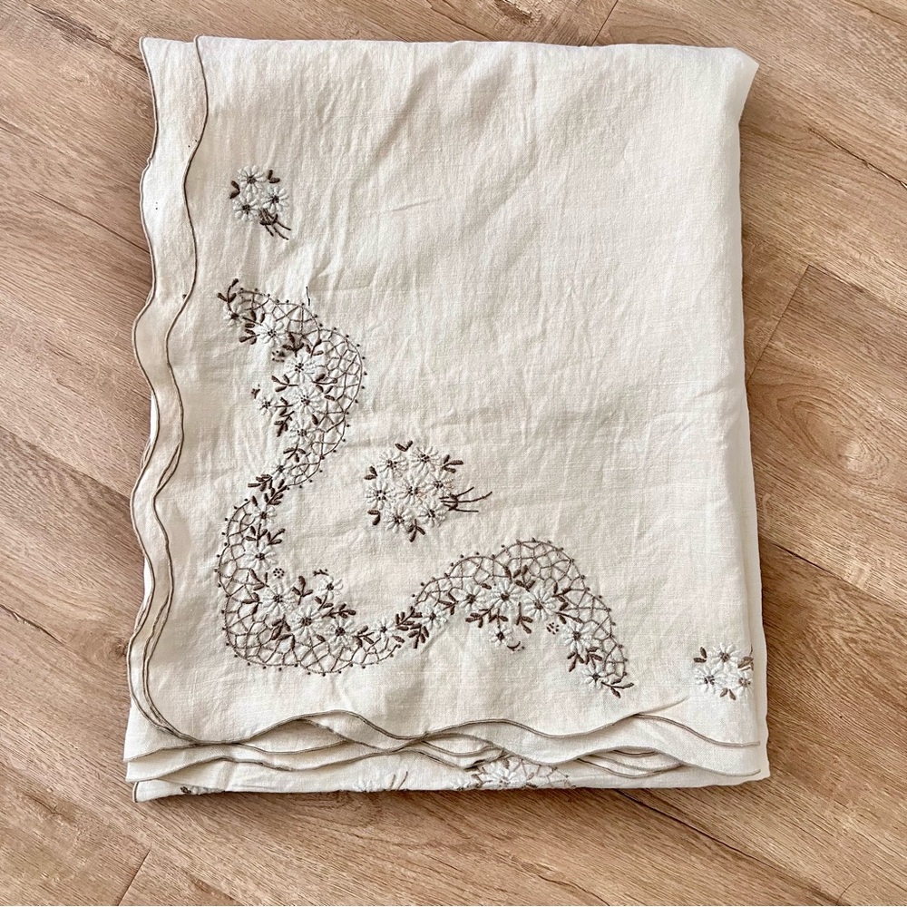 Vintage Embroidered Daisy Linen Banquet Tablecloth Table Cover  65’ X 82” Mint‎